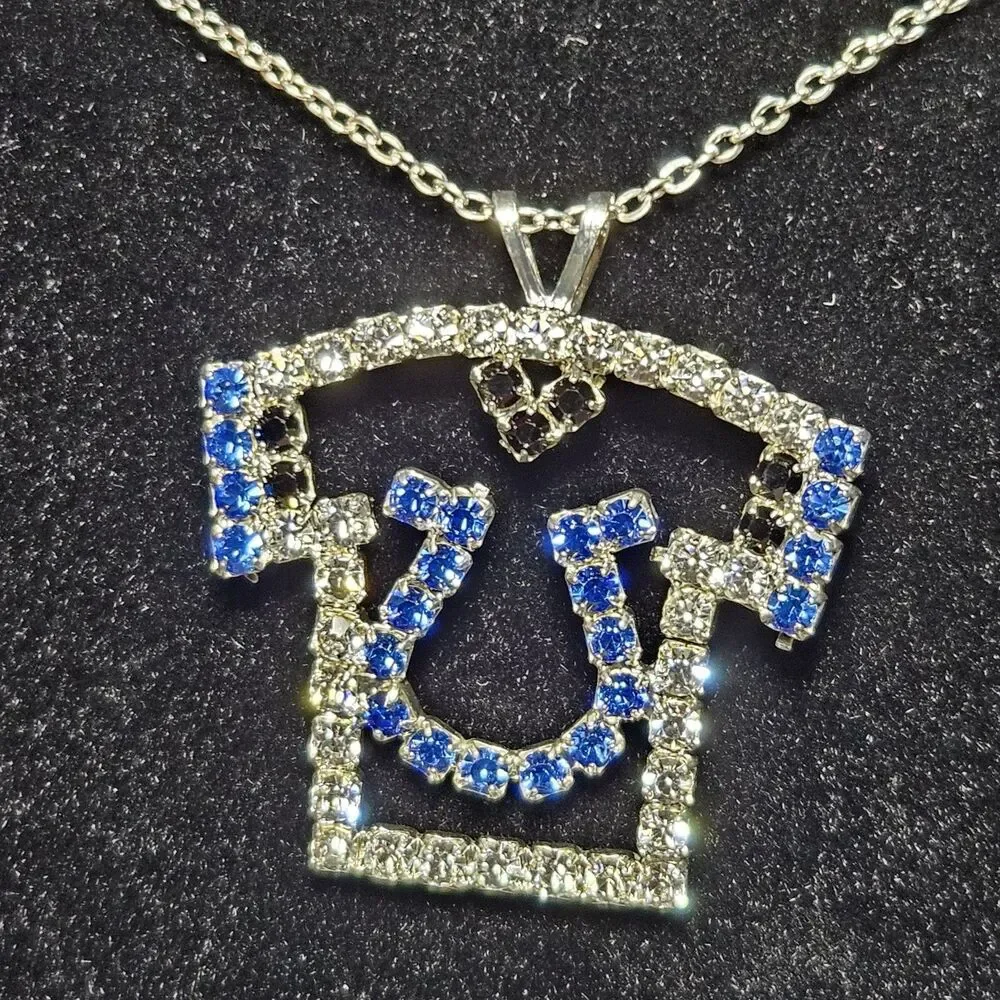 Indianapolis Colts Silver Tone Blue Rhinestone Pendant Necklace 18